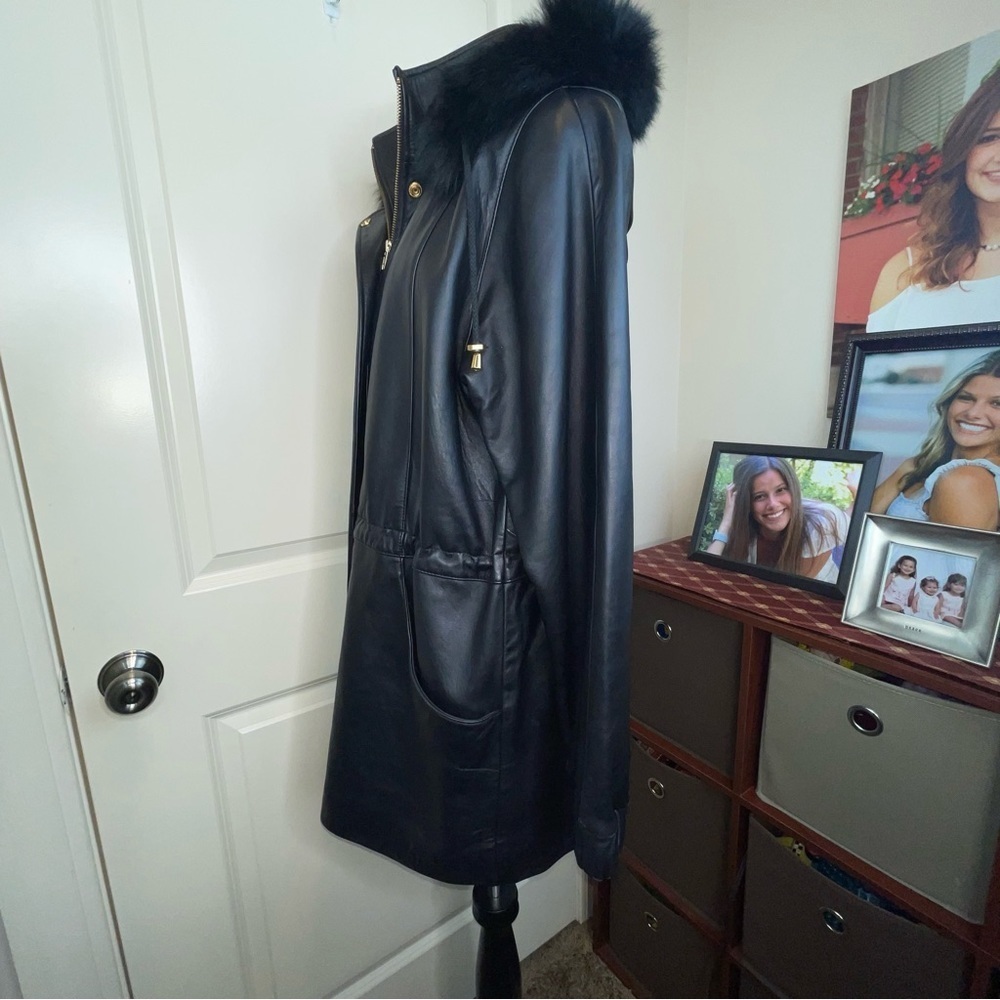Worthington Lambskin Leather Coat Fur Lined Hood Drawstring Waist Size M - Picture 8 of 17